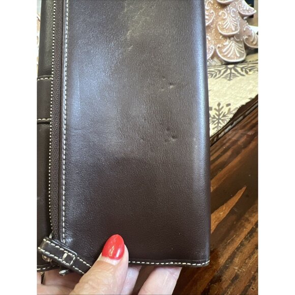 COACH Brown 8" Trifold Leather White Stitching Wallet Snap Closure - Picture 3 of 12